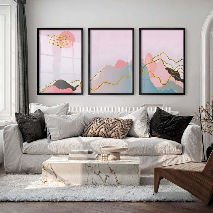 Abstract Pink Painting Triptych. Modern Pastel Wall Art - Black Framed Poster No Border - Artworksets
