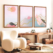 Abstract Pink Painting Triptych. Modern Pastel Wall Art - Dark Brown Framed Poster No Border - Artworksets