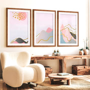 Abstract Pink Painting Triptych. Modern Pastel Wall Art - Dark Brown Framed Poster with White Border - Artworksets