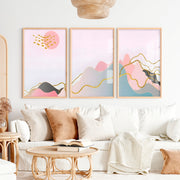 Abstract Pink Painting Triptych. Modern Pastel Wall Art - Natural Wood Framed Poster No Border - Artworksets