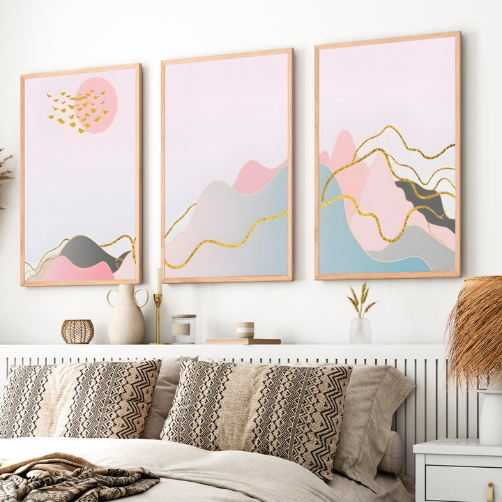 Abstract Pink Painting Triptych. Modern Pastel Wall Art - Natural Wood Framed Poster No Border - Artworksets