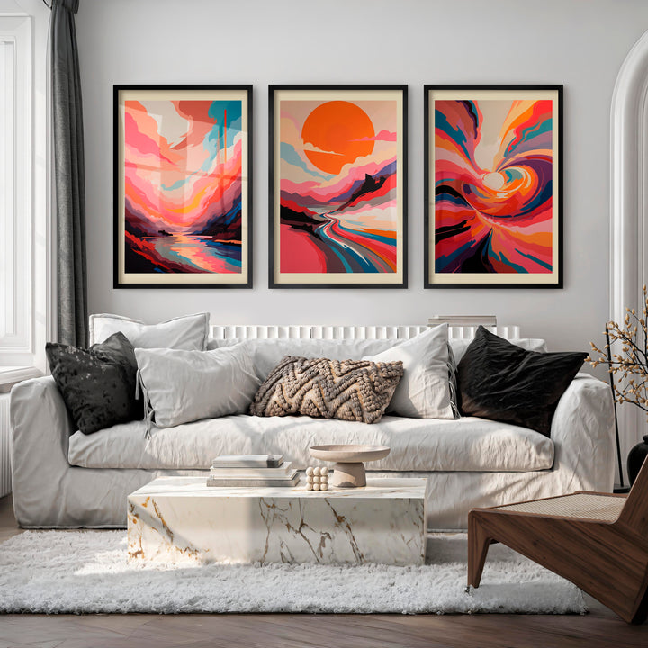Abstract Pink Wall Art – Colorful Modern Print Set of 3 - Black Framed Poster No Border - Artworksets