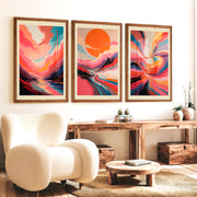 Abstract Pink Wall Art – Colorful Modern Print Set of 3 - Dark Brown Framed Poster No Border - Artworksets