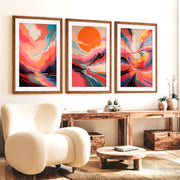 Abstract Pink Wall Art – Colorful Modern Print Set of 3 - Dark Brown Framed Poster with White Border - Artworksets