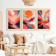 Abstract Pink Wall Art – Colorful Modern Print Set of 3 - Natural Wood Framed Poster No Border - Artworksets