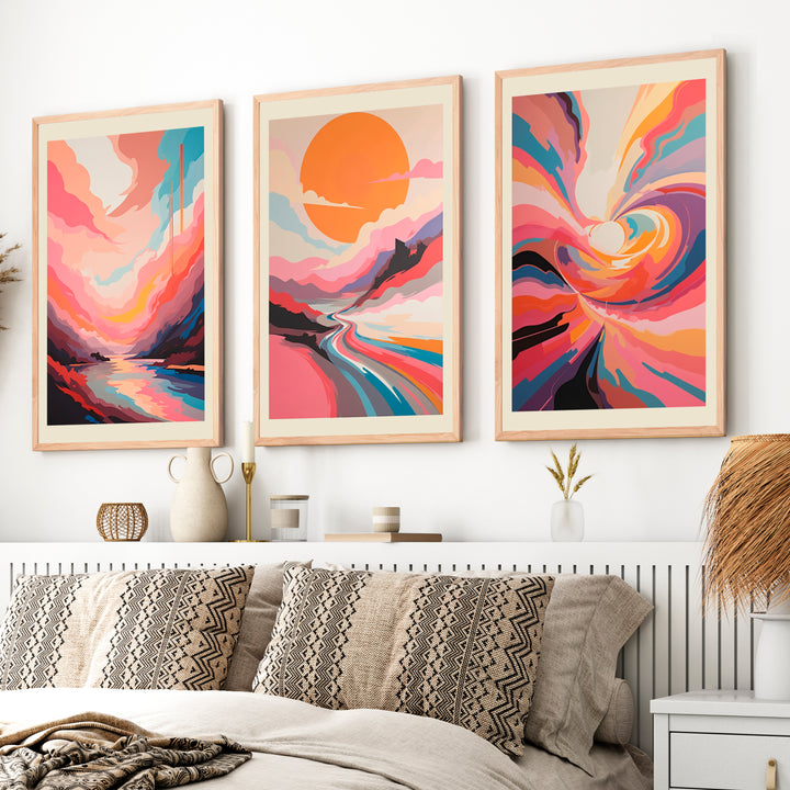 Abstract Pink Wall Art – Colorful Modern Print Set of 3 - Natural Wood Framed Poster No Border - Artworksets