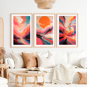 Abstract Pink Wall Art – Colorful Modern Print Set of 3- Natural Wood Framed Poster with White Border - Artworksets