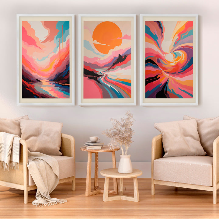 Abstract Pink Wall Art – Colorful Modern Print Set of 3 - White Framed Poster No Border - Artworksets