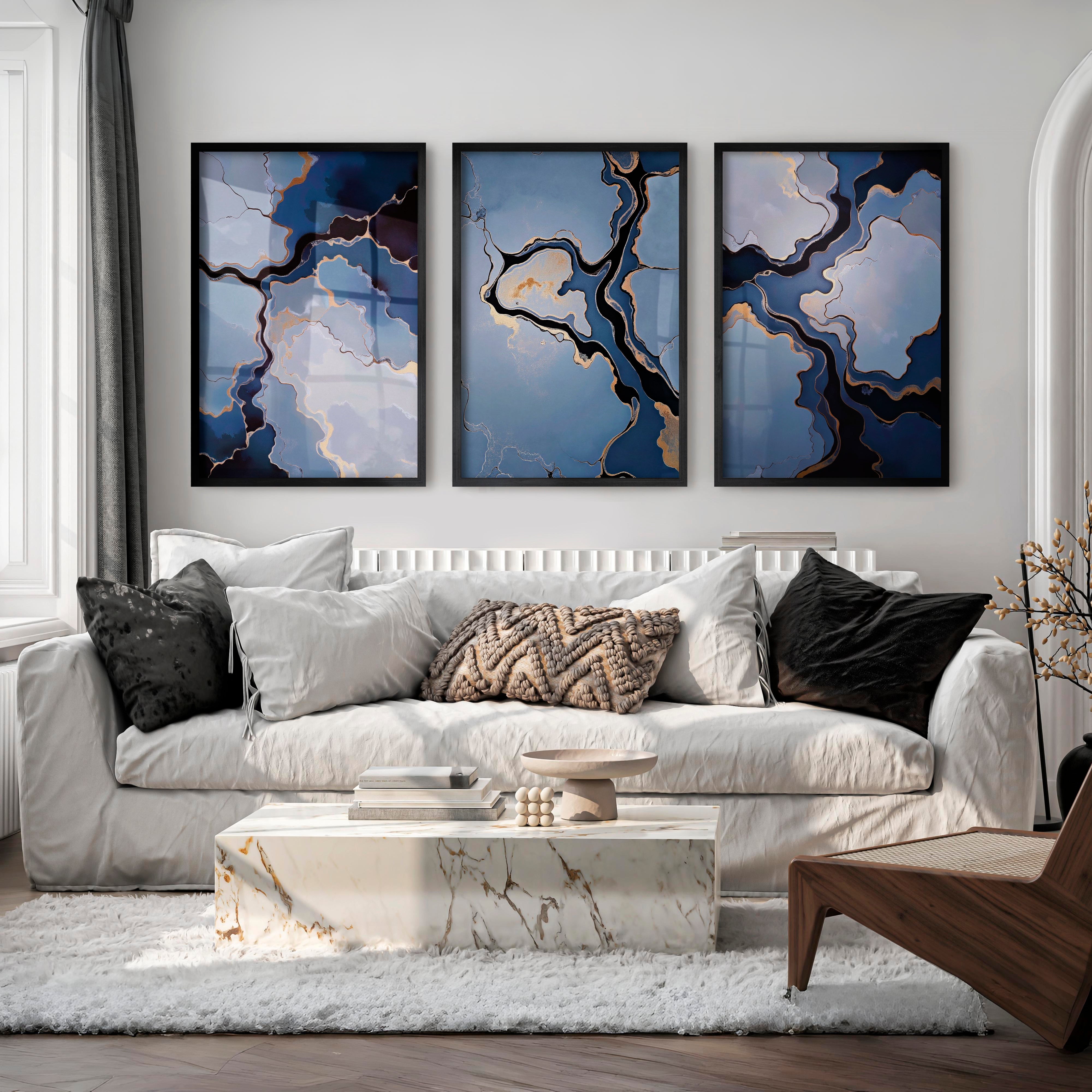 Abstract Poster Blue Gold Modern Art Set of 3 - Black Framed Poster No Border - Artworksets