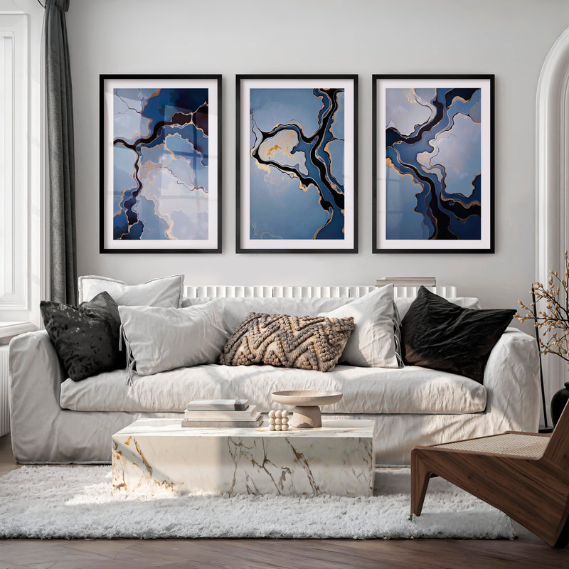 Abstract Poster Blue Gold Modern Art Set of 3 - Black Framed Poster with White Border - Artworksets