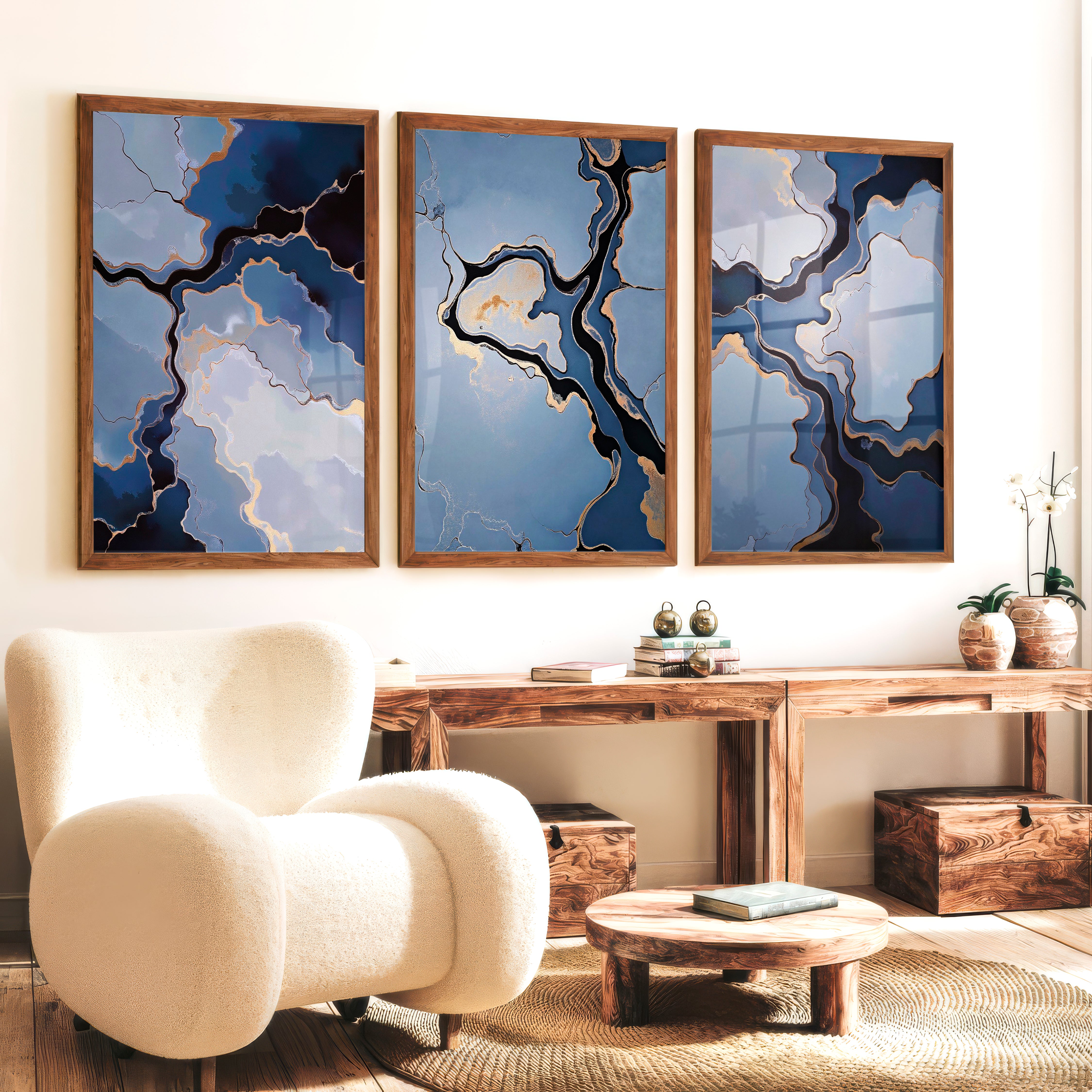 Abstract Poster Blue Gold Modern Art Set of 3 - Dark Brown Framed Poster No Border - Artworksets