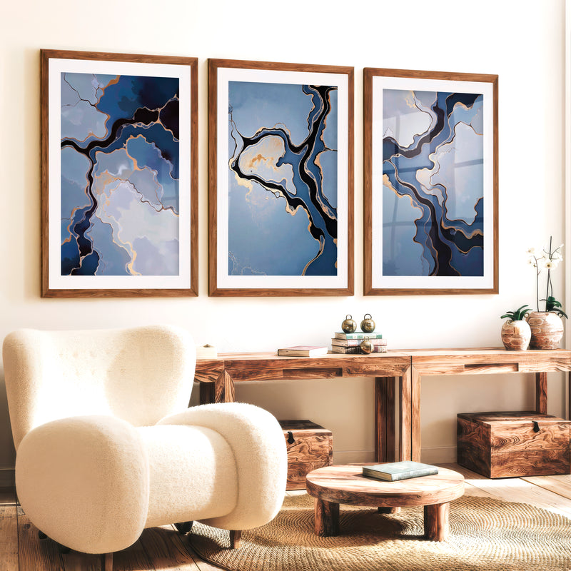 Abstract Poster Blue Gold Modern Art Set of 3 - Dark Brown Framed Poster with White Border - Artworksets