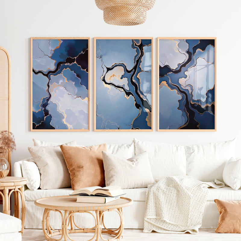 Abstract Poster Blue Gold Modern Art Set of 3 - Natural Wood Framed Poster No Border - Artworksets