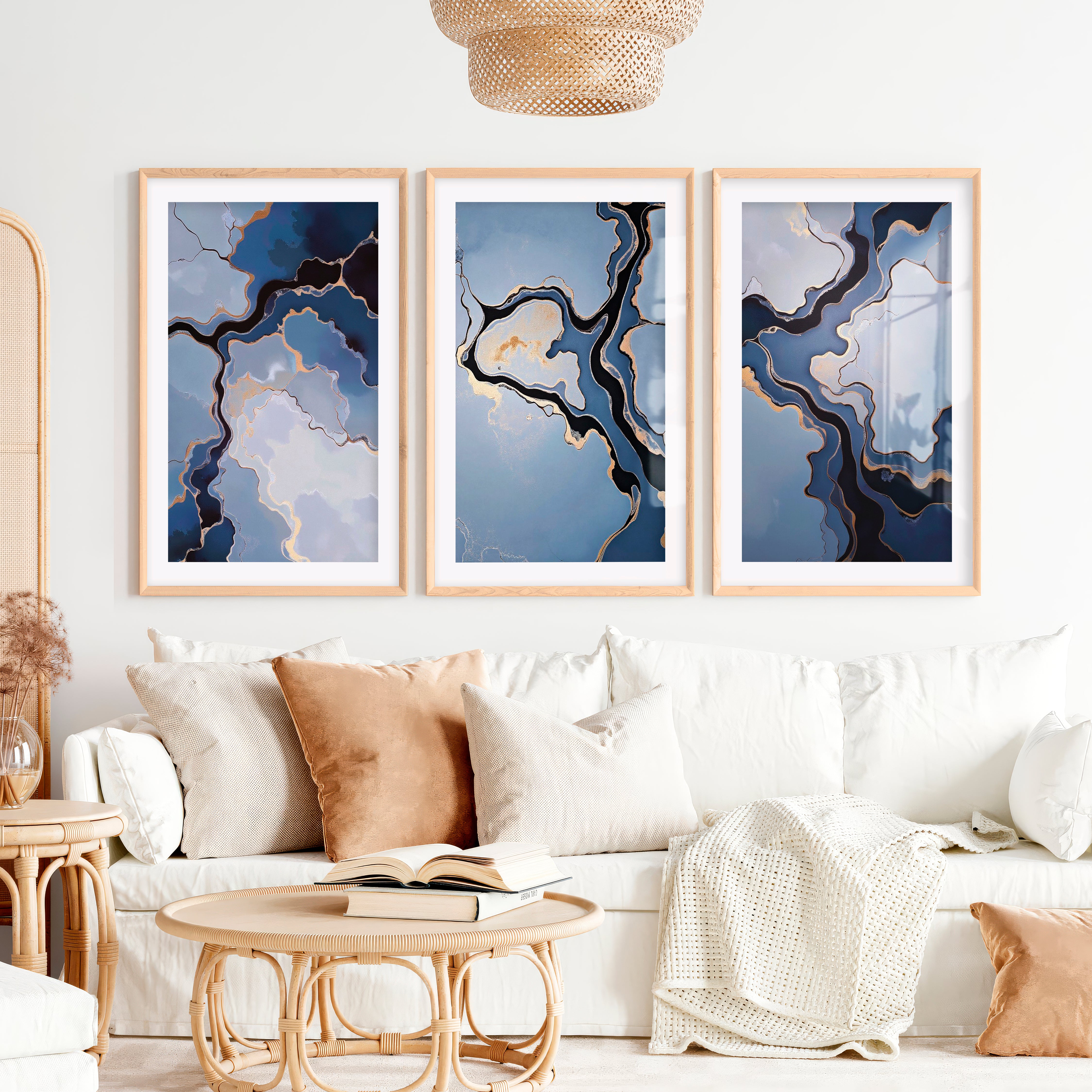 Abstract Poster Blue Gold Modern Art Set of 3- Natural Wood Framed Poster with White Border - Artworksets