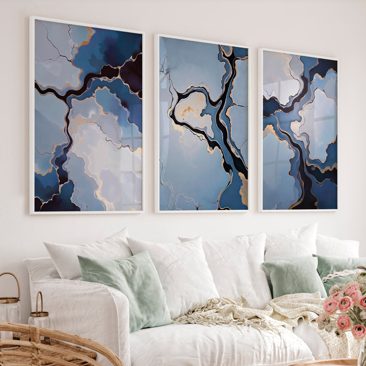 Abstract Poster Blue Gold Modern Art Set of 3 - White Framed Poster No Border - Artworksets