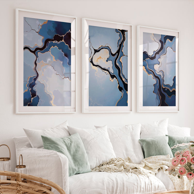 Abstract Poster Blue Gold Modern Art Set of 3 - White Framed Poster with White Border - Artworksets