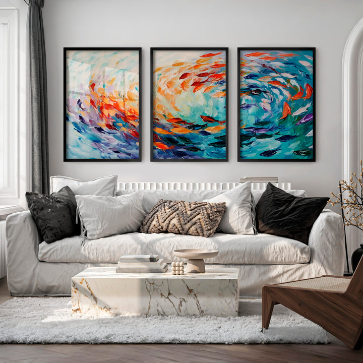 Abstract Sea Painting Triptych – Modern Ocean Wall Art - Black Framed Poster No Border - Artworksets