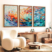 Abstract Sea Painting Triptych – Modern Ocean Wall Art - Dark Brown Framed Poster No Border - Artworksets