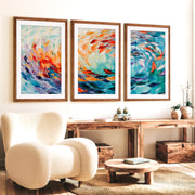 Abstract Sea Painting Triptych – Modern Ocean Wall Art - Dark Brown Framed Poster with White Border - Artworksets