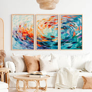 Abstract Sea Painting Triptych – Modern Ocean Wall Art - Natural Wood Framed Poster No Border - Artworksets