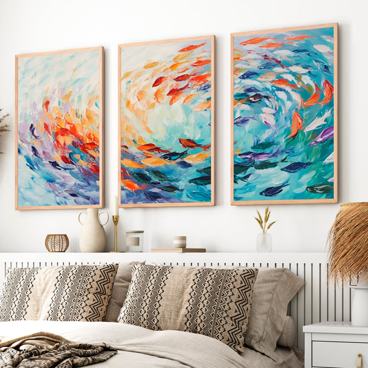 Abstract Sea Painting Triptych – Modern Ocean Wall Art - Natural Wood Framed Poster No Border - Artworksets