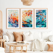 Abstract Sea Painting Triptych – Modern Ocean Wall Art- Natural Wood Framed Poster with White Border - Artworksets