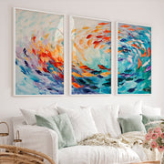 Abstract Sea Painting Triptych – Modern Ocean Wall Art - White Framed Poster No Border - Artworksets