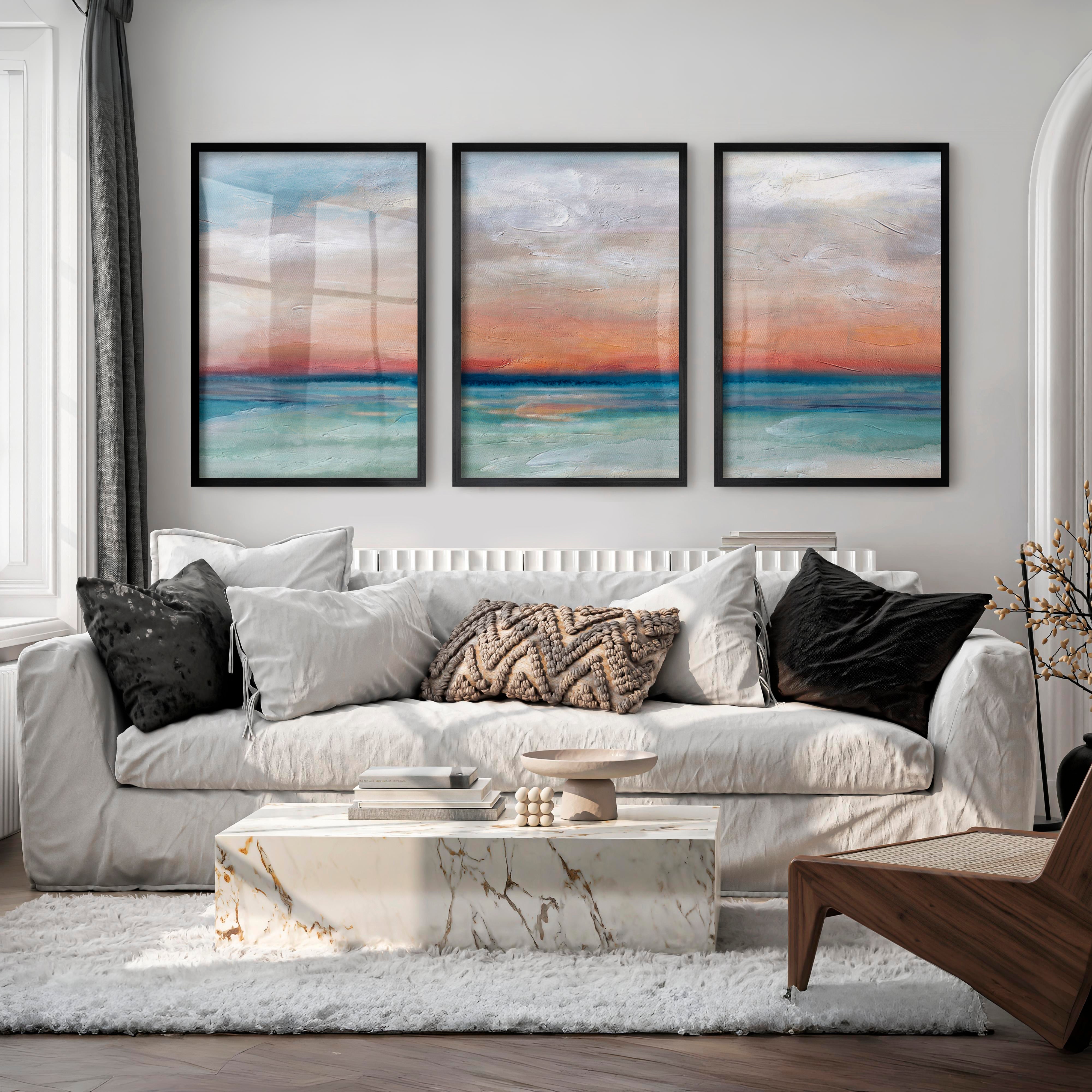 Abstract Seascape Paintings – Coastal Sunset Triptych Wall Art - Black Framed Poster No Border - Artworksets
