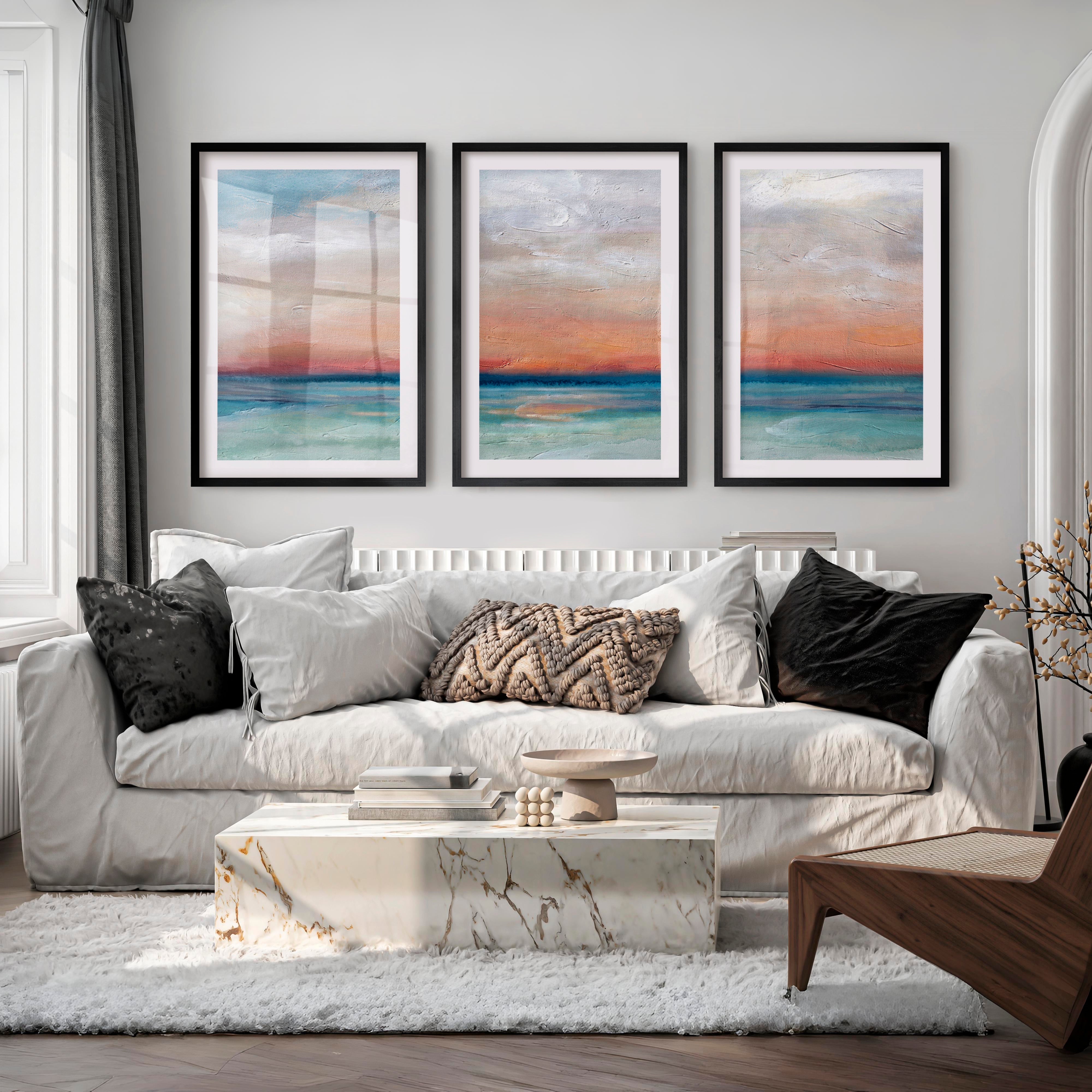 Abstract Seascape Paintings – Coastal Sunset Triptych Wall Art - Black Framed Poster with White Border - Artworksets