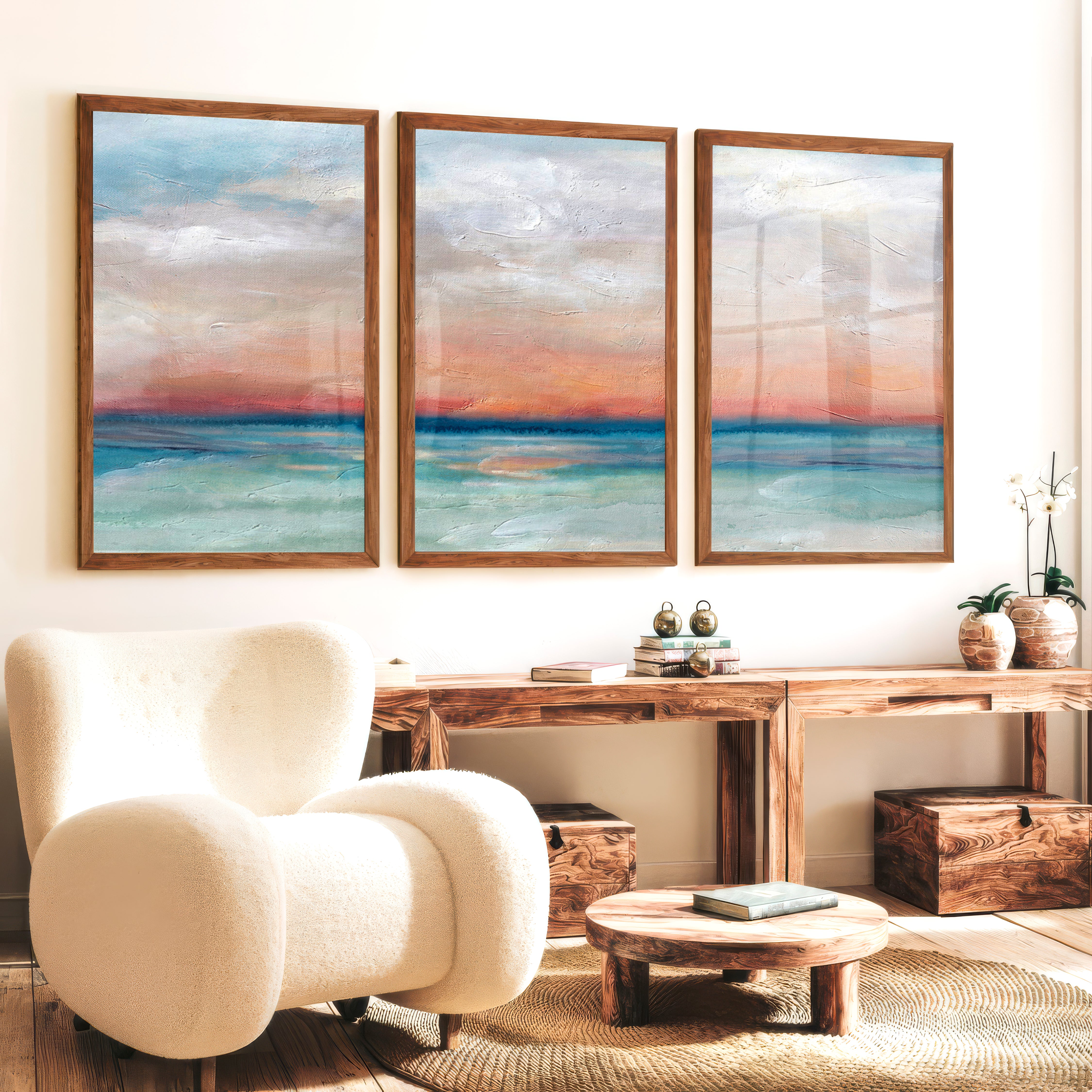 Abstract Seascape Paintings – Coastal Sunset Triptych Wall Art - Dark Brown Framed Poster No Border - Artworksets