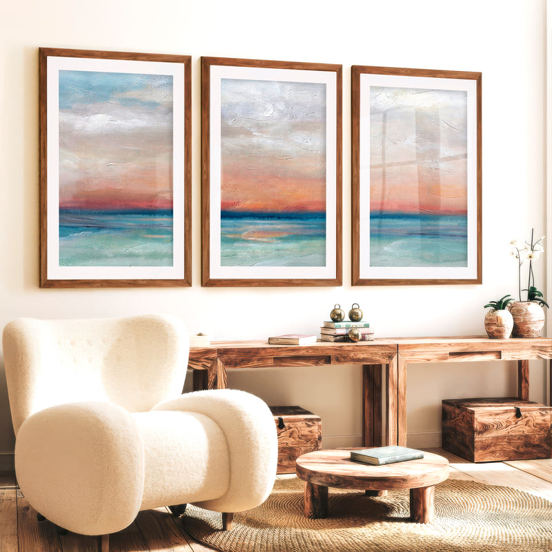 Abstract Seascape Paintings – Coastal Sunset Triptych Wall Art - Dark Brown Framed Poster with White Border - Artworksets