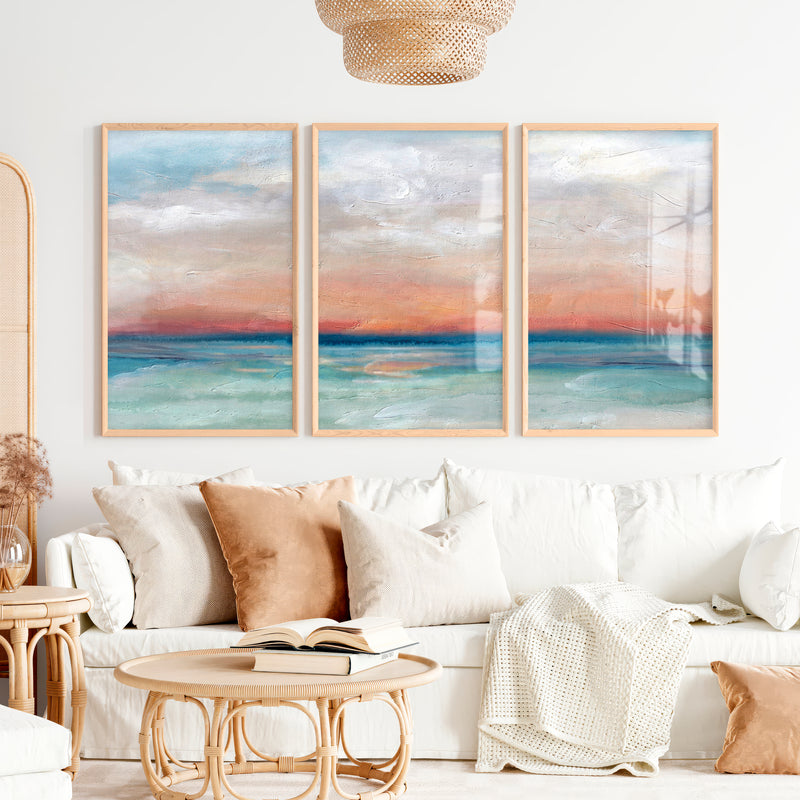 Abstract Seascape Paintings – Coastal Sunset Triptych Wall Art - Natural Wood Framed Poster No Border - Artworksets
