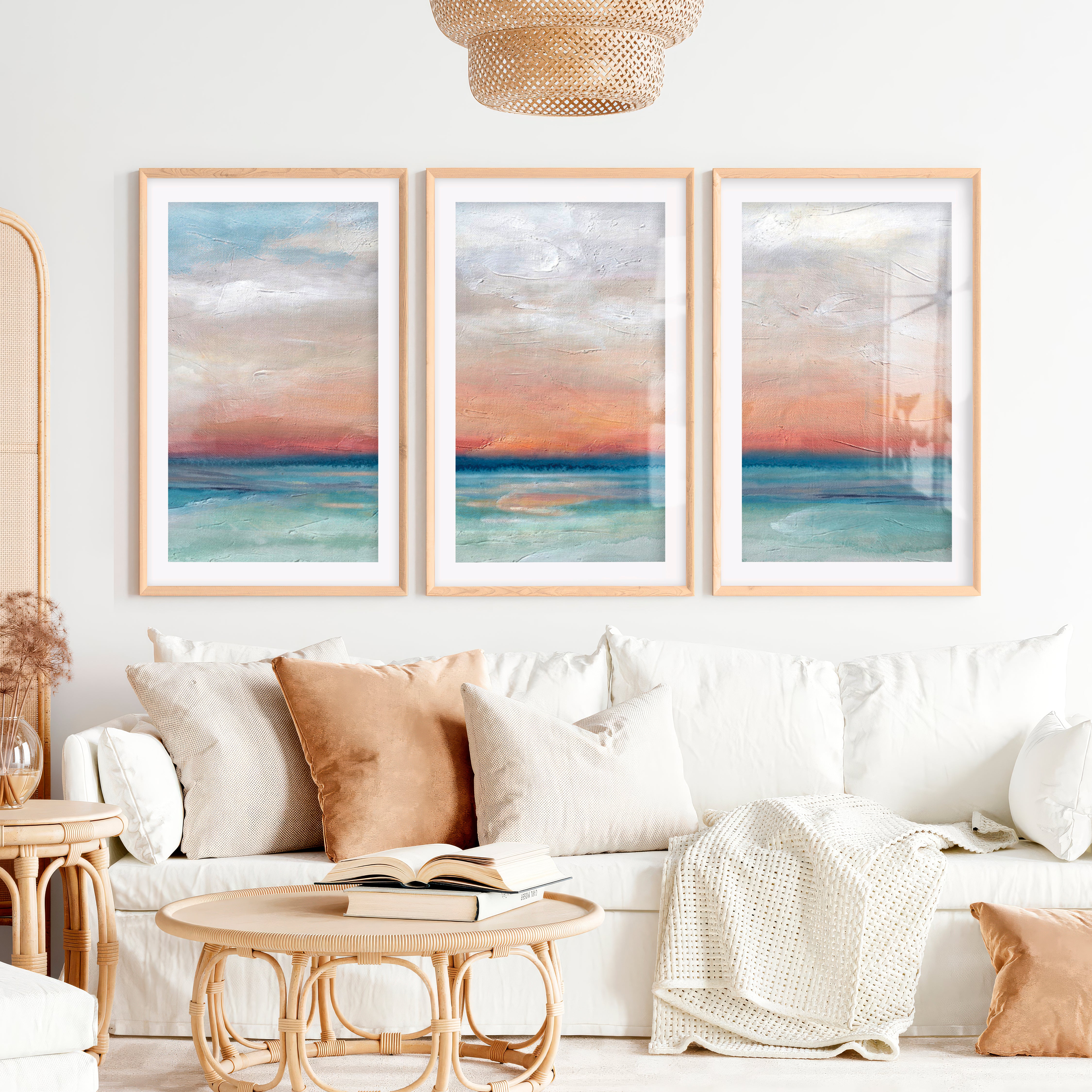 Abstract Seascape Paintings – Coastal Sunset Triptych Wall Art- Natural Wood Framed Poster with White Border - Artworksets