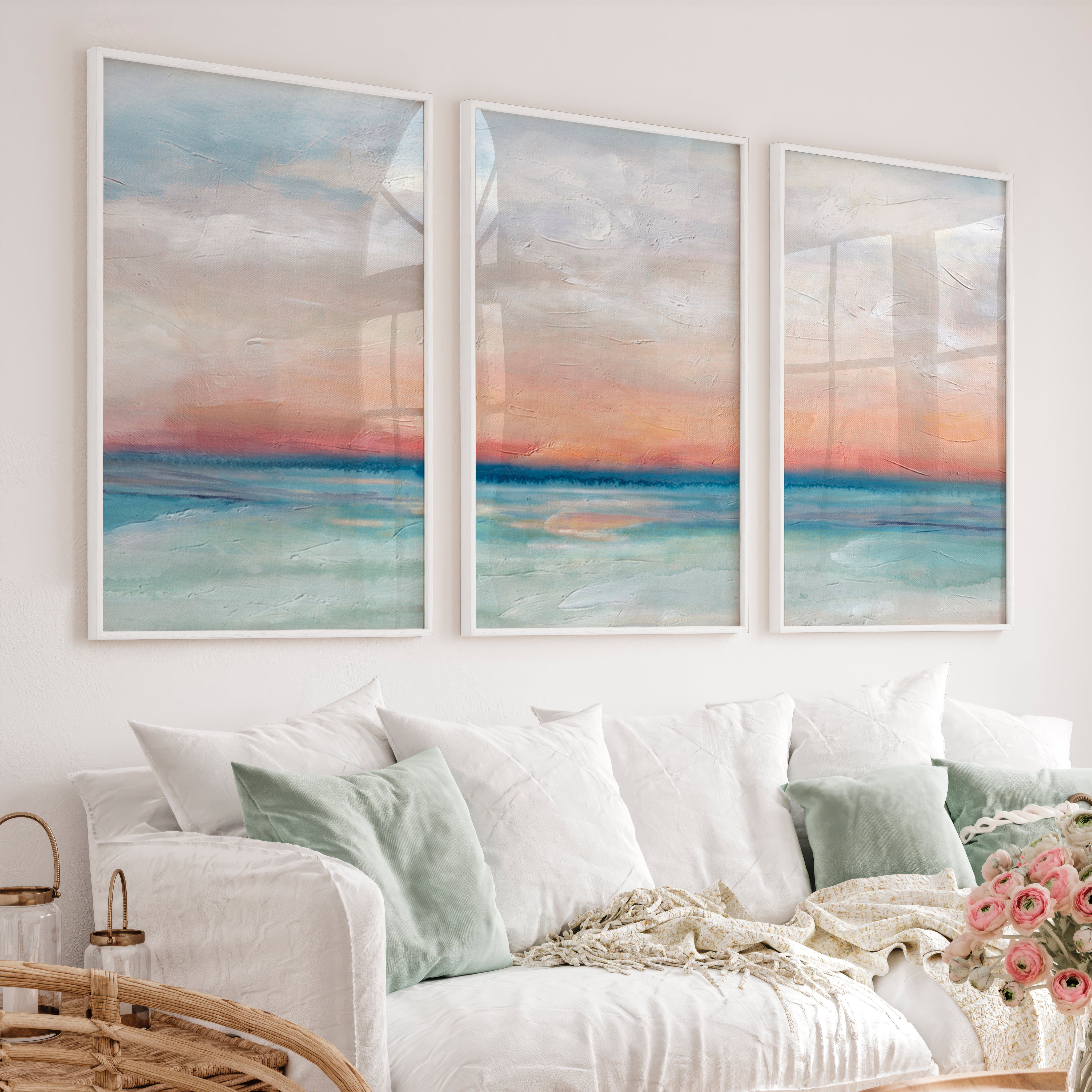 Abstract Seascape Paintings – Coastal Sunset Triptych Wall Art - White Framed Poster No Border - Artworksets