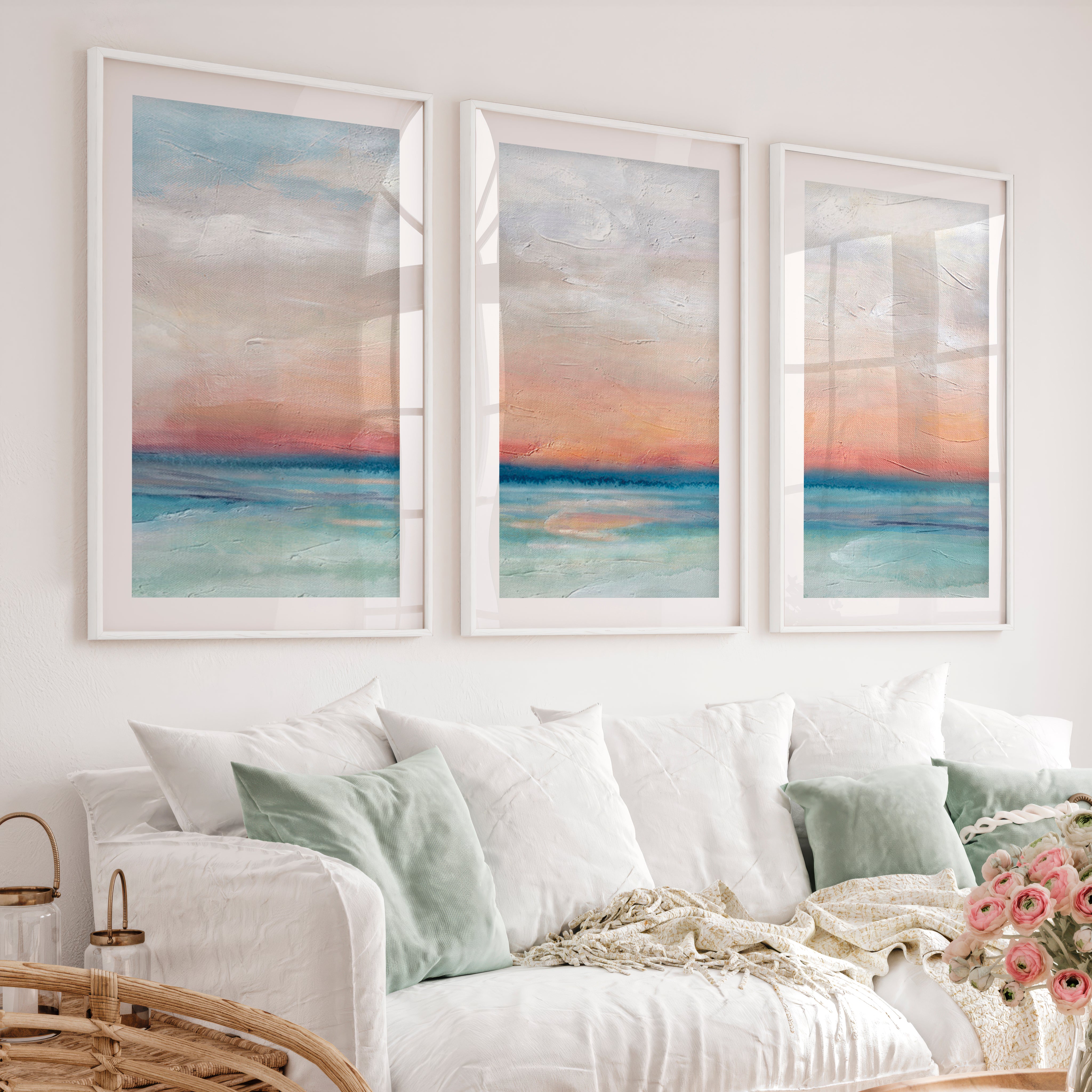 Abstract Seascape Paintings – Coastal Sunset Triptych Wall Art - White Framed Poster with White Border - Artworksets