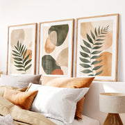 Abstract Wall Art Featuring Stylized Green Fern Leaves- Natural Wood Framed Poster with White Border - Artworksets