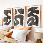Abstract Wall Art Sets Featuring Black Organic Shapes- Natural Wood Framed Poster with White Border - Artworksets