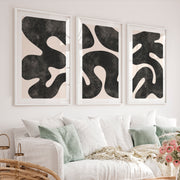 Abstract Wall Art Sets Featuring Black Organic Shapes - White Framed Poster with White Border - Artworksets