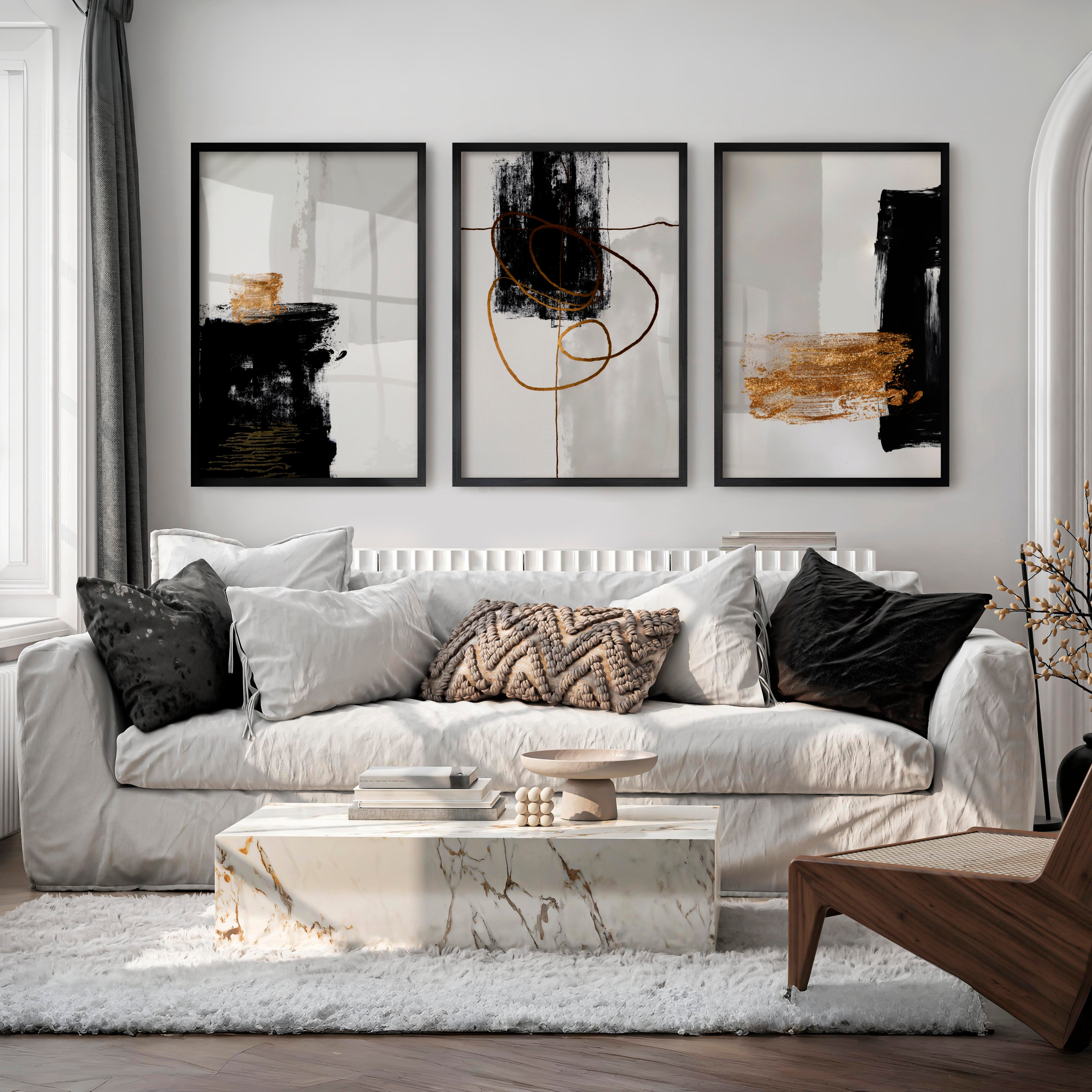 Abstract Wall Decor Black Gold Modern Painting Set of 3 - Black Framed Poster No Border - Artworksets
