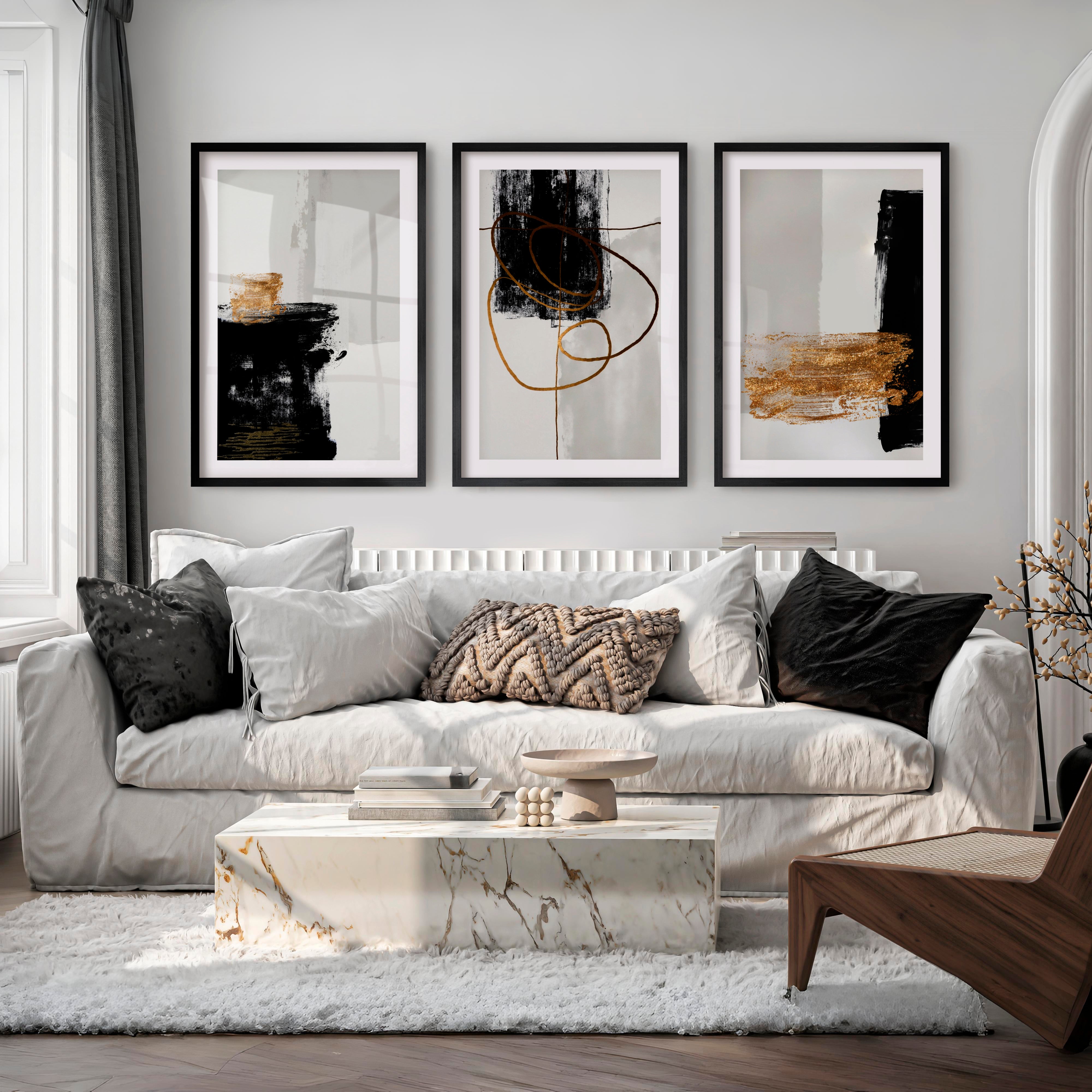 Abstract Wall Decor Black Gold Modern Painting Set of 3 - Black Framed Poster with White Border - Artworksets