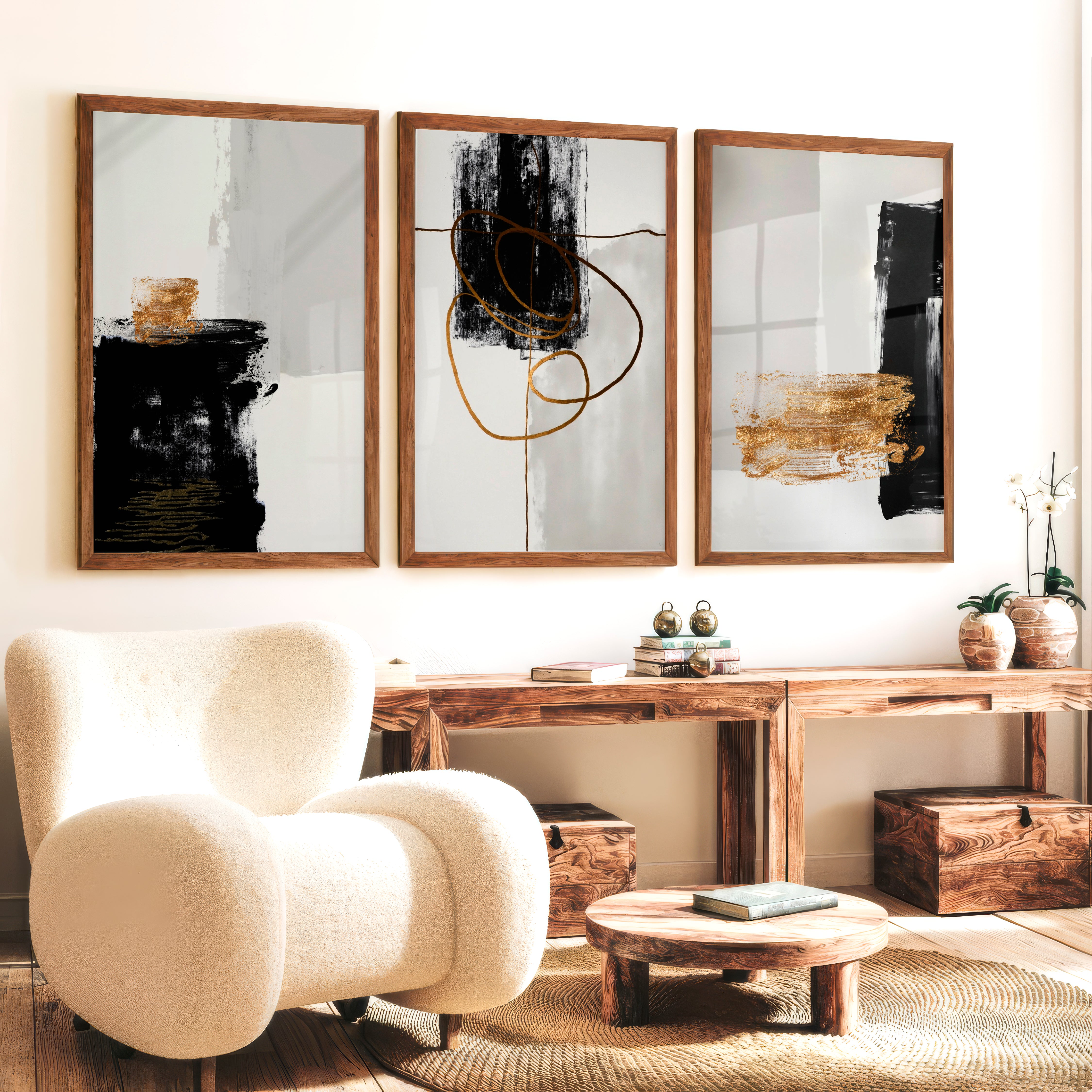 Abstract Wall Decor Black Gold Modern Painting Set of 3 - Dark Brown Framed Poster No Border - Artworksets