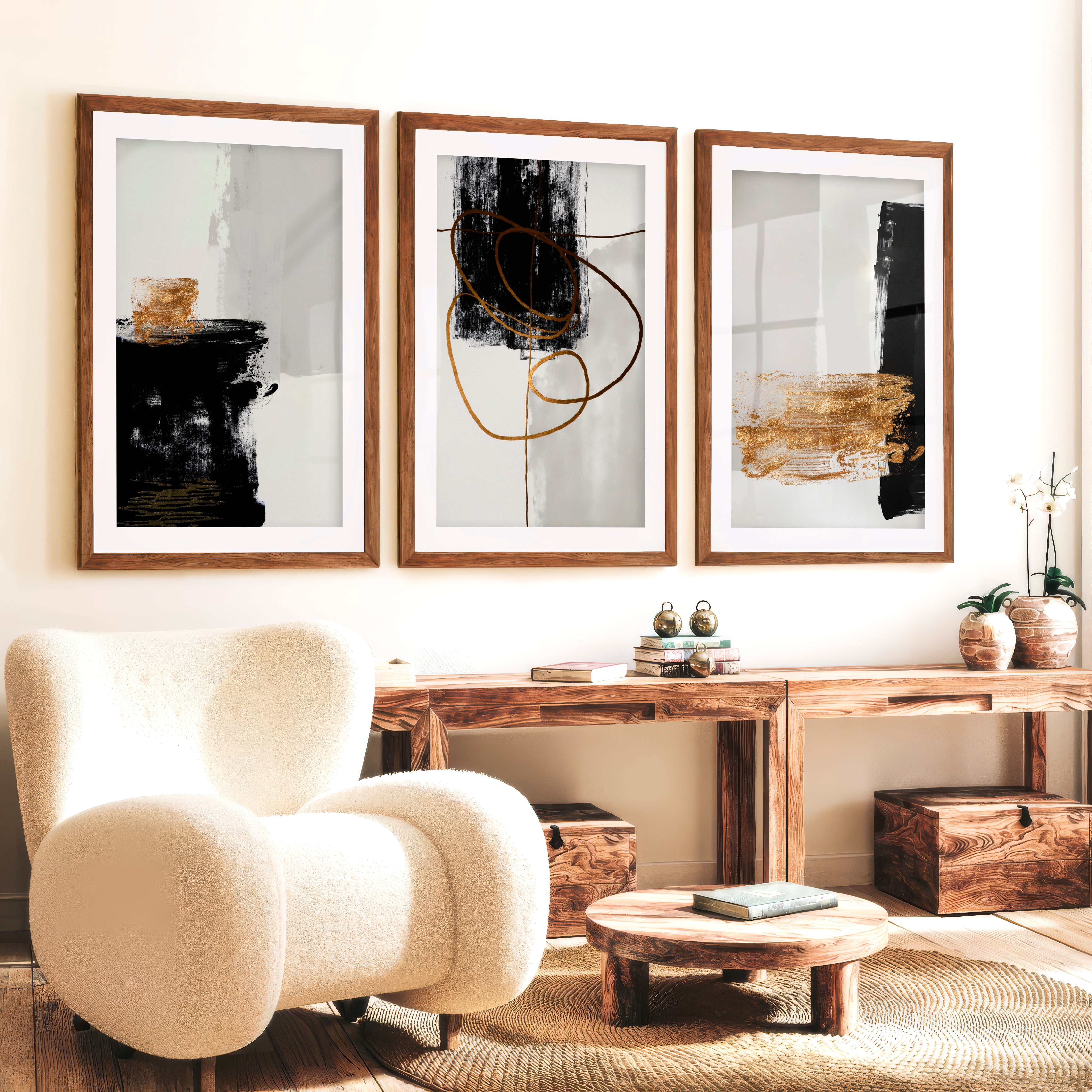 Abstract Wall Decor Black Gold Modern Painting Set of 3 - Dark Brown Framed Poster with White Border - Artworksets