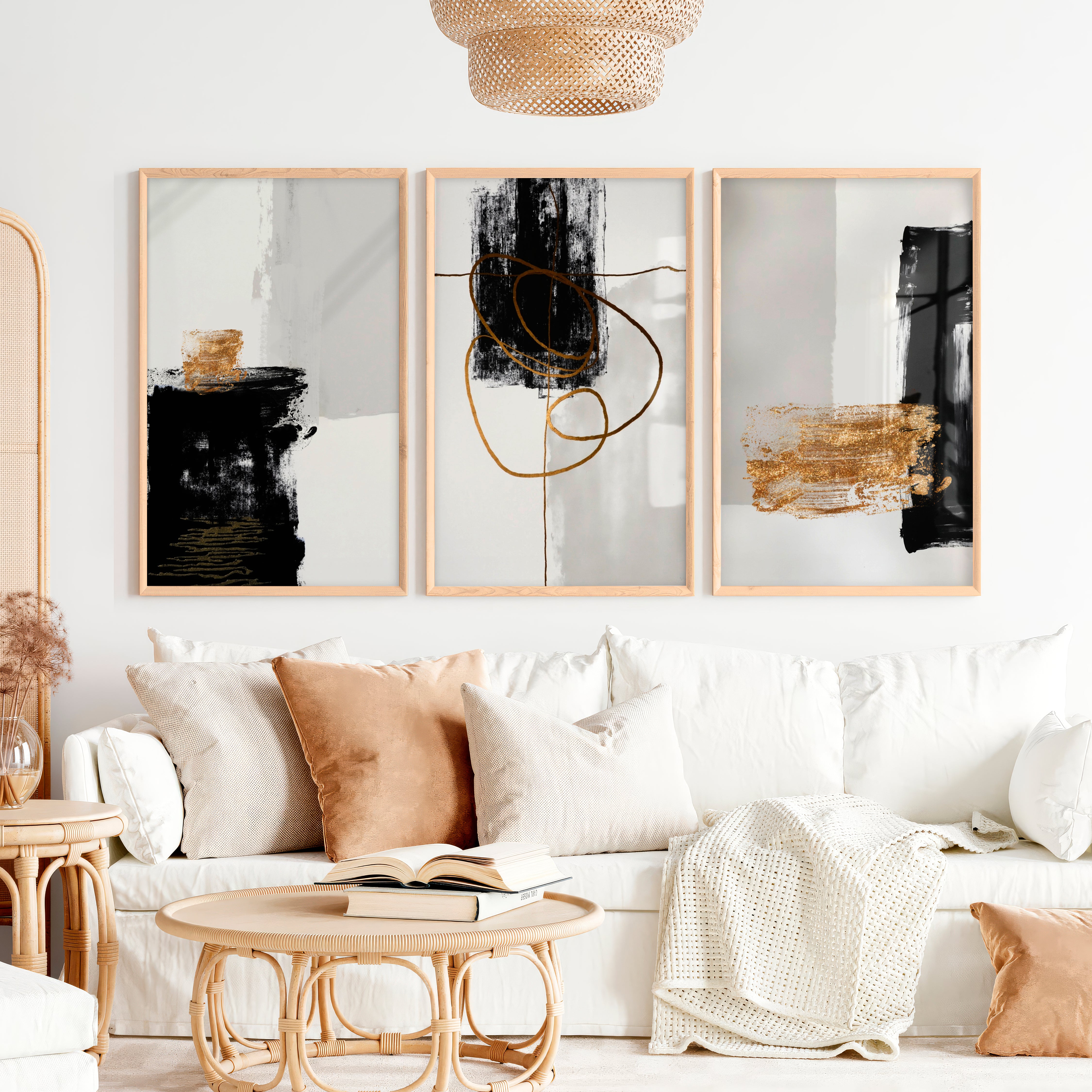 Abstract Wall Decor Black Gold Modern Painting Set of 3 - Natural Wood Framed Poster No Border - Artworksets