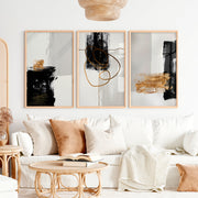 Abstract Wall Decor Black Gold Modern Painting Set of 3 - Natural Wood Framed Poster No Border - Artworksets