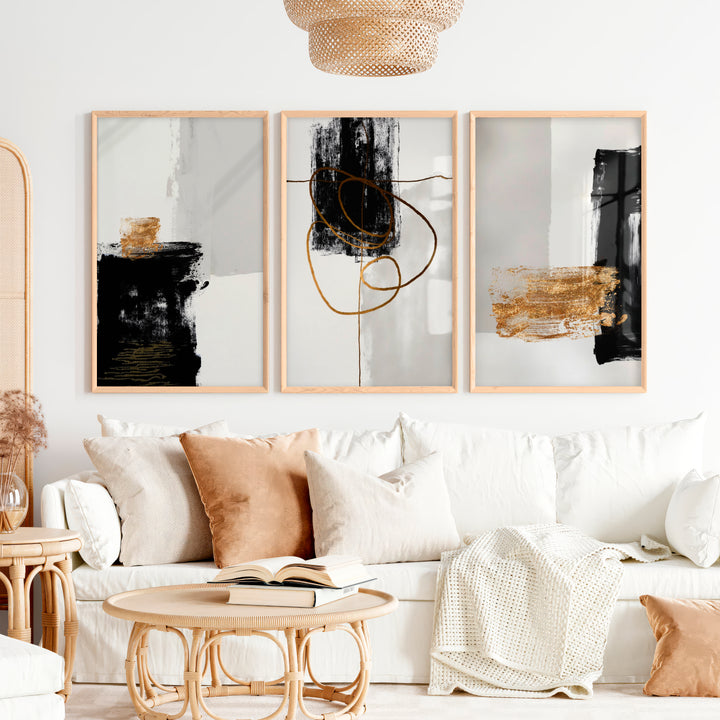 Abstract Wall Decor Black Gold Modern Painting Set of 3 - Natural Wood Framed Poster No Border - Artworksets