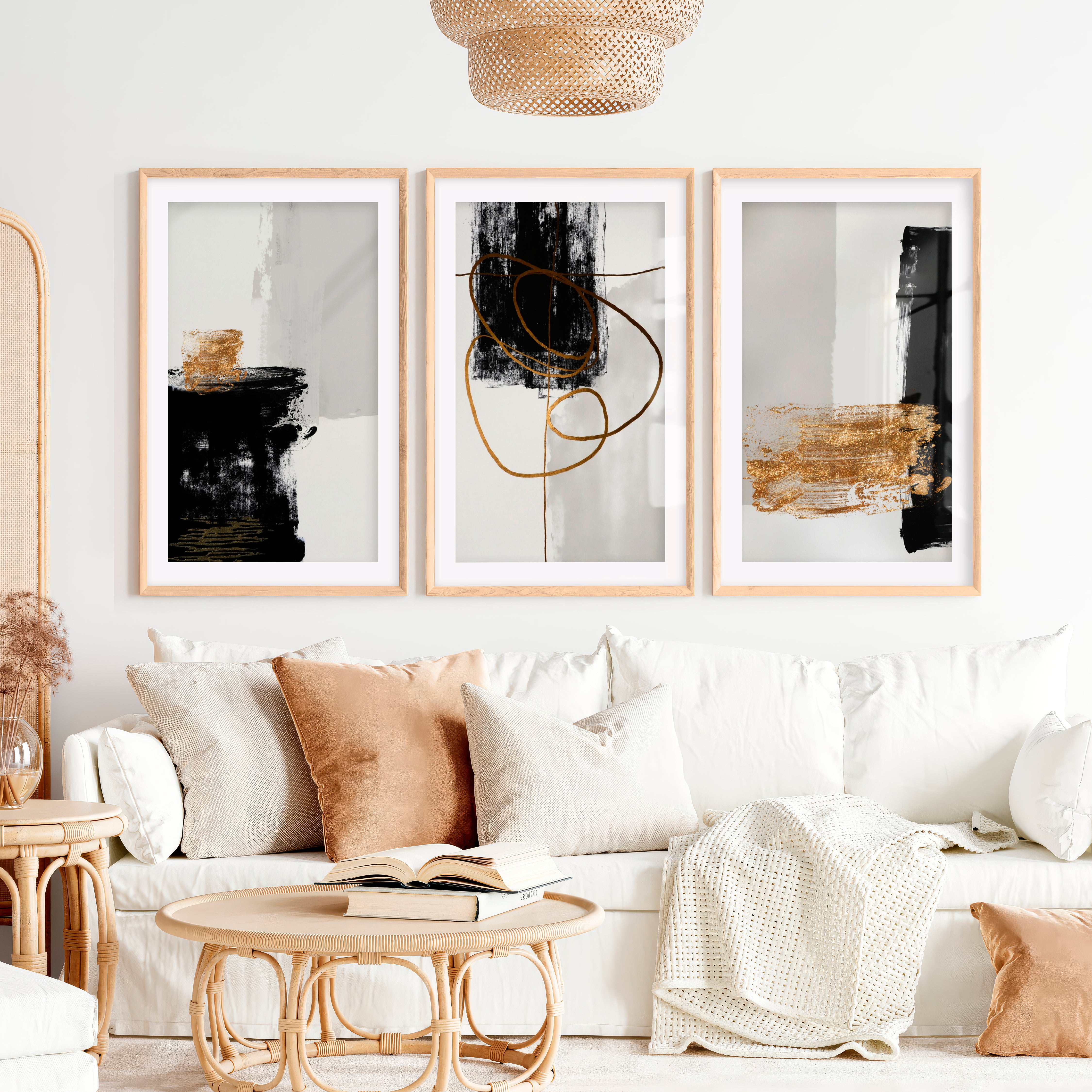 Abstract Wall Decor Black Gold Modern Painting Set of 3- Natural Wood Framed Poster with White Border - Artworksets