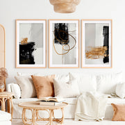 Abstract Wall Decor Black Gold Modern Painting Set of 3- Natural Wood Framed Poster with White Border - Artworksets