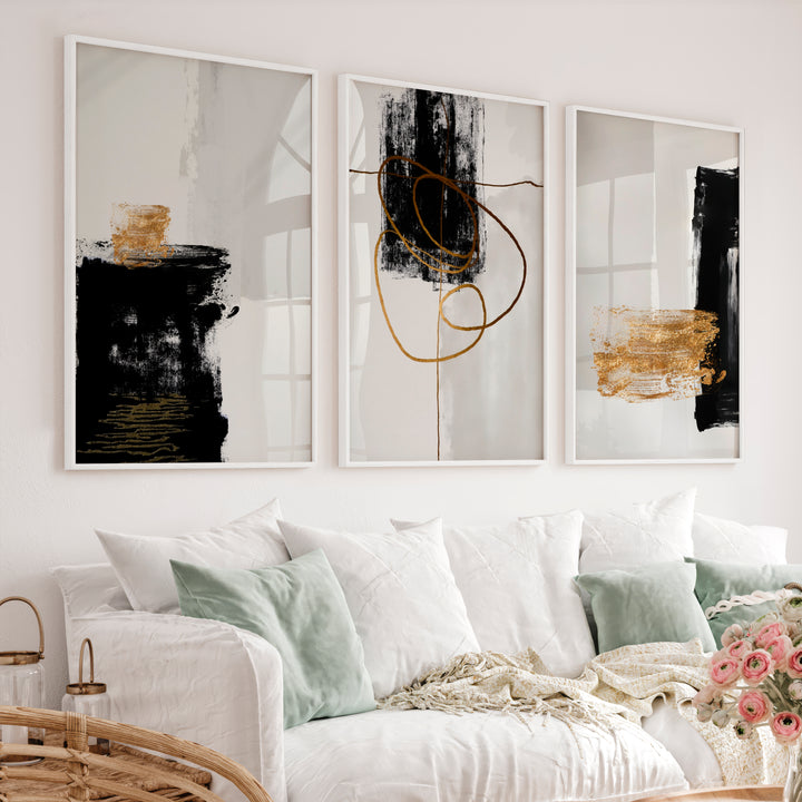 Abstract Wall Decor Black Gold Modern Painting Set of 3 - White Framed Poster No Border - Artworksets