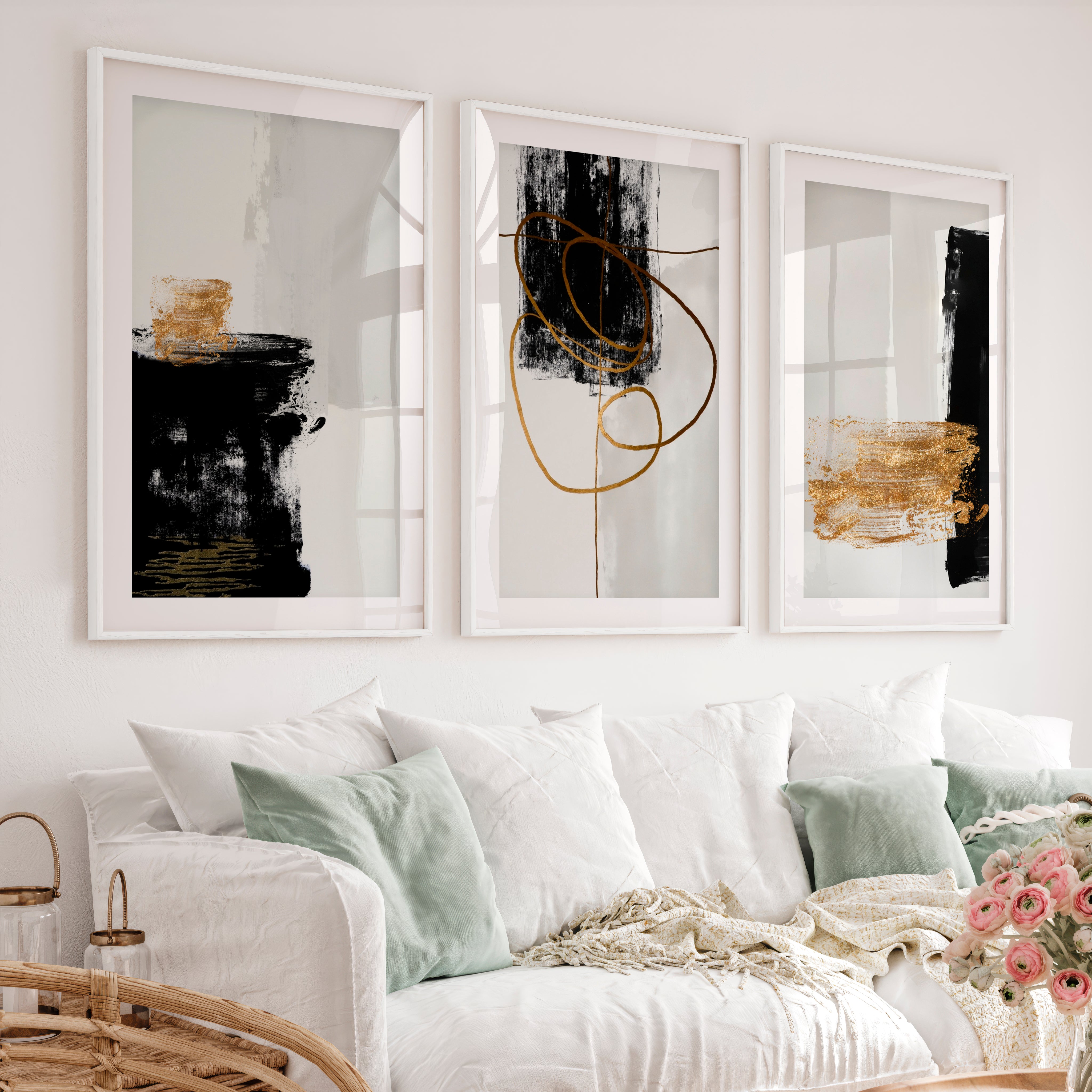 Abstract Wall Decor Black Gold Modern Painting Set of 3 - White Framed Poster with White Border - Artworksets