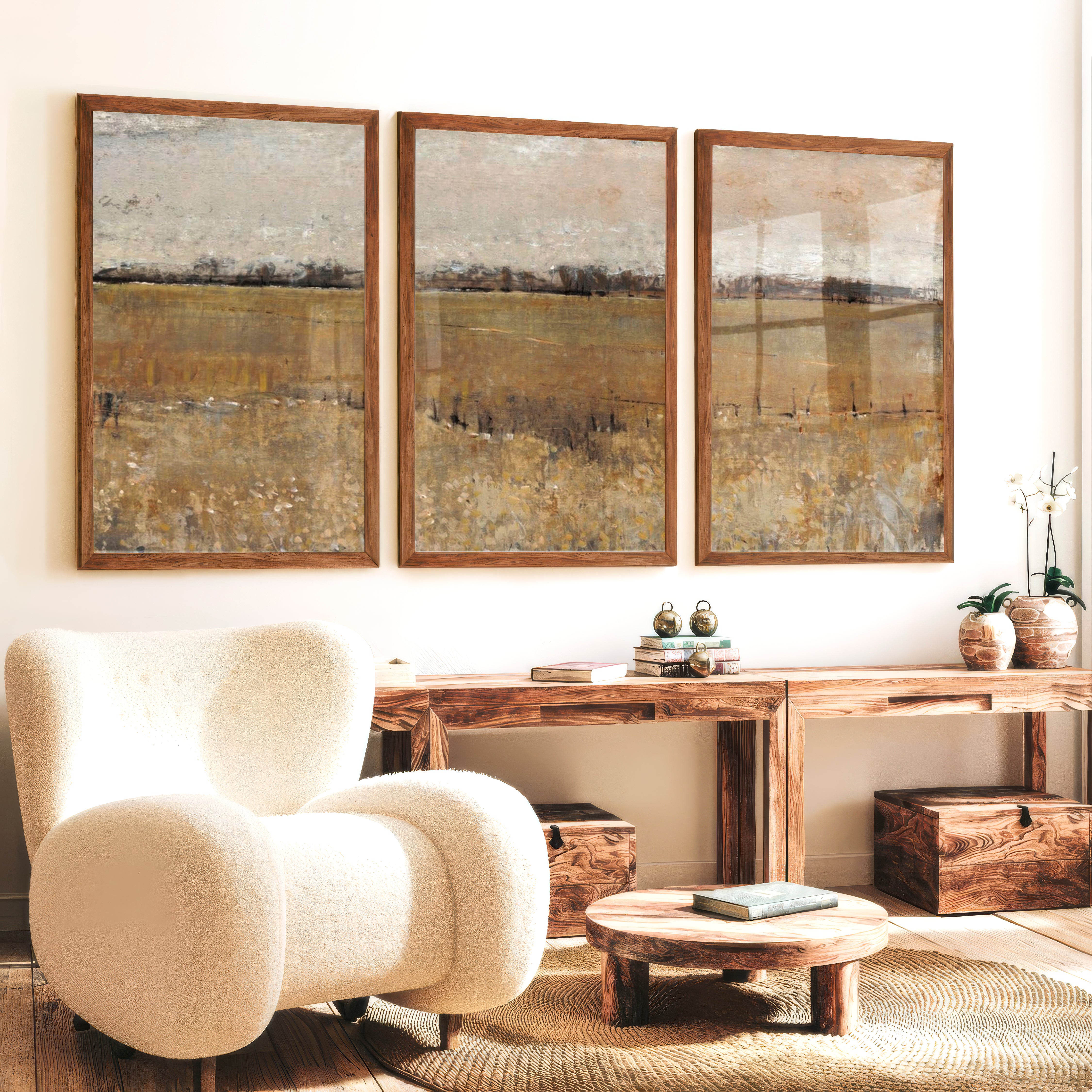 Abstract Wall Painting – Neutral Landscape Art - Dark Brown Framed Poster No Border - Artworksets